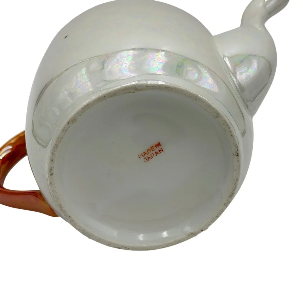 Vtg Made in Japan Iridescent Lusterware Teapot Orange‎ White Black Porcelain Lid